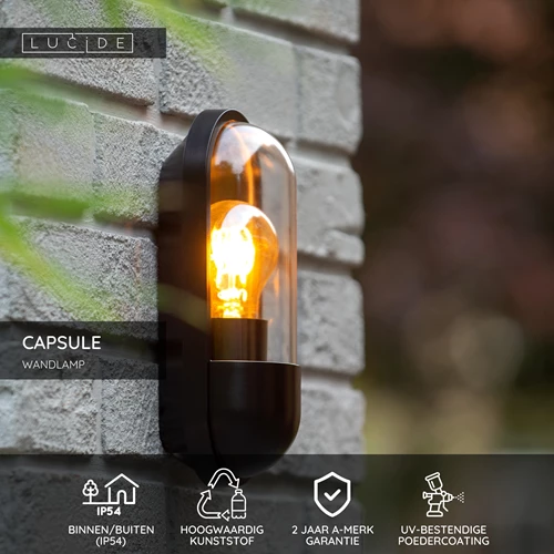 Lucide CAPSULE - Wandlamp Binnen/Buiten - 1xE27 - IP54 - Zwart - USP